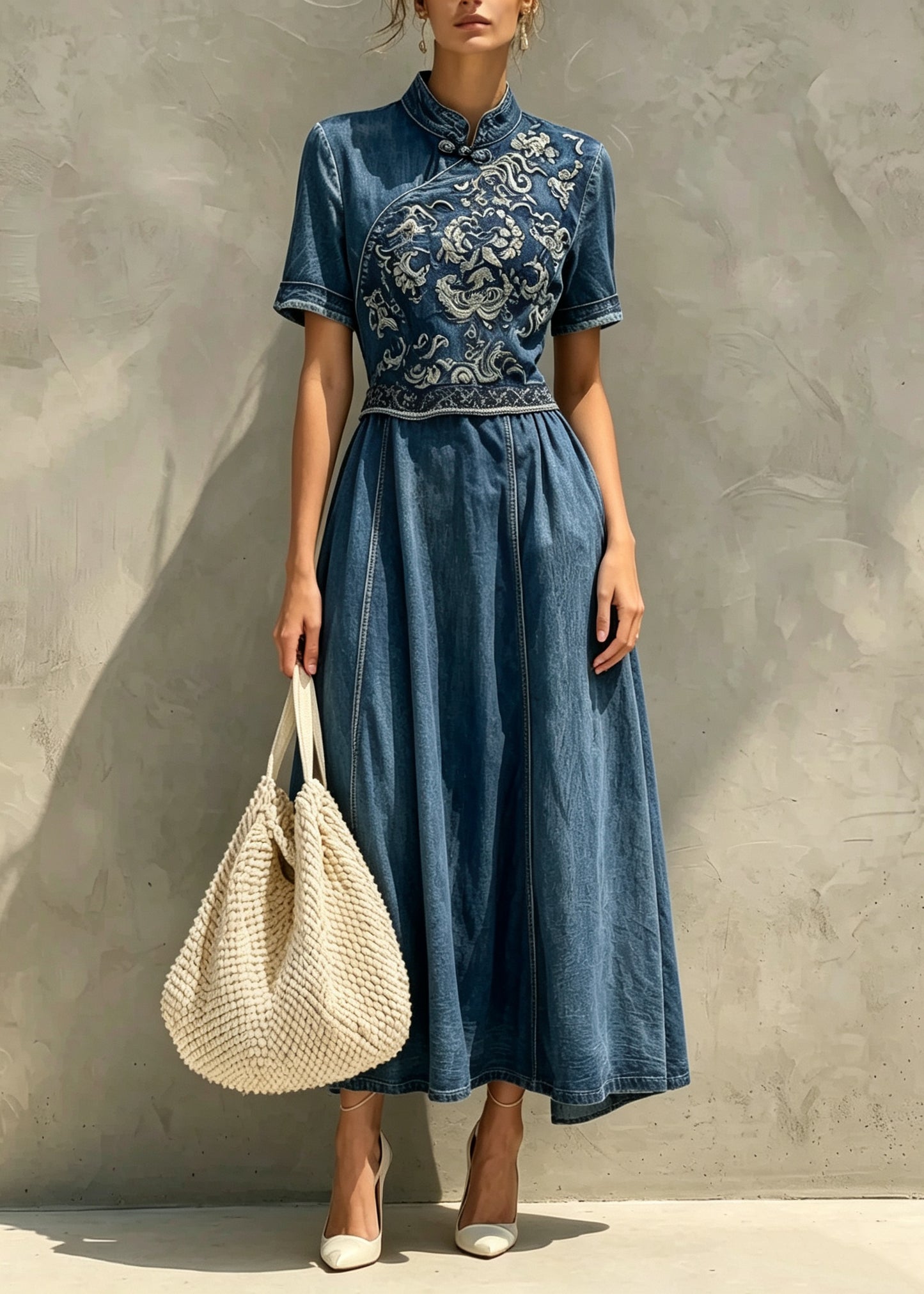 Chinese Style Blue Embroidered Patchwork Denim Long Dress Summer