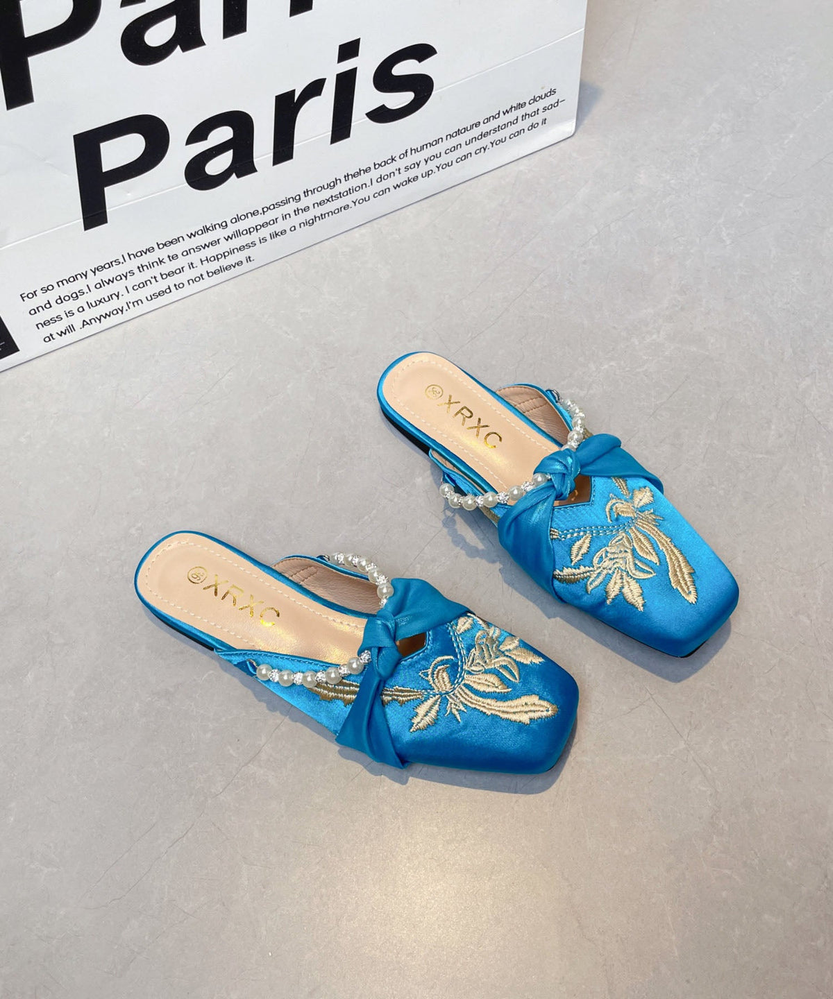 Chinese Style Blue Embroidered Splicing Slide Sandals