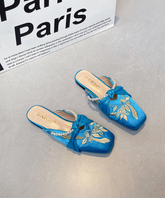 Chinese Style Blue Embroidered Splicing Slide Sandals