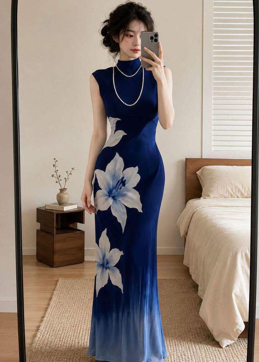 Chinese Style Blue Gradient Print Tulle Long Dress Summer