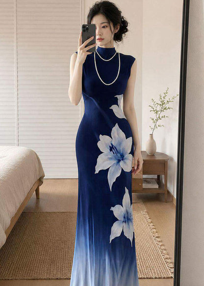 Chinese Style Blue Gradient Print Tulle Long Dress Summer