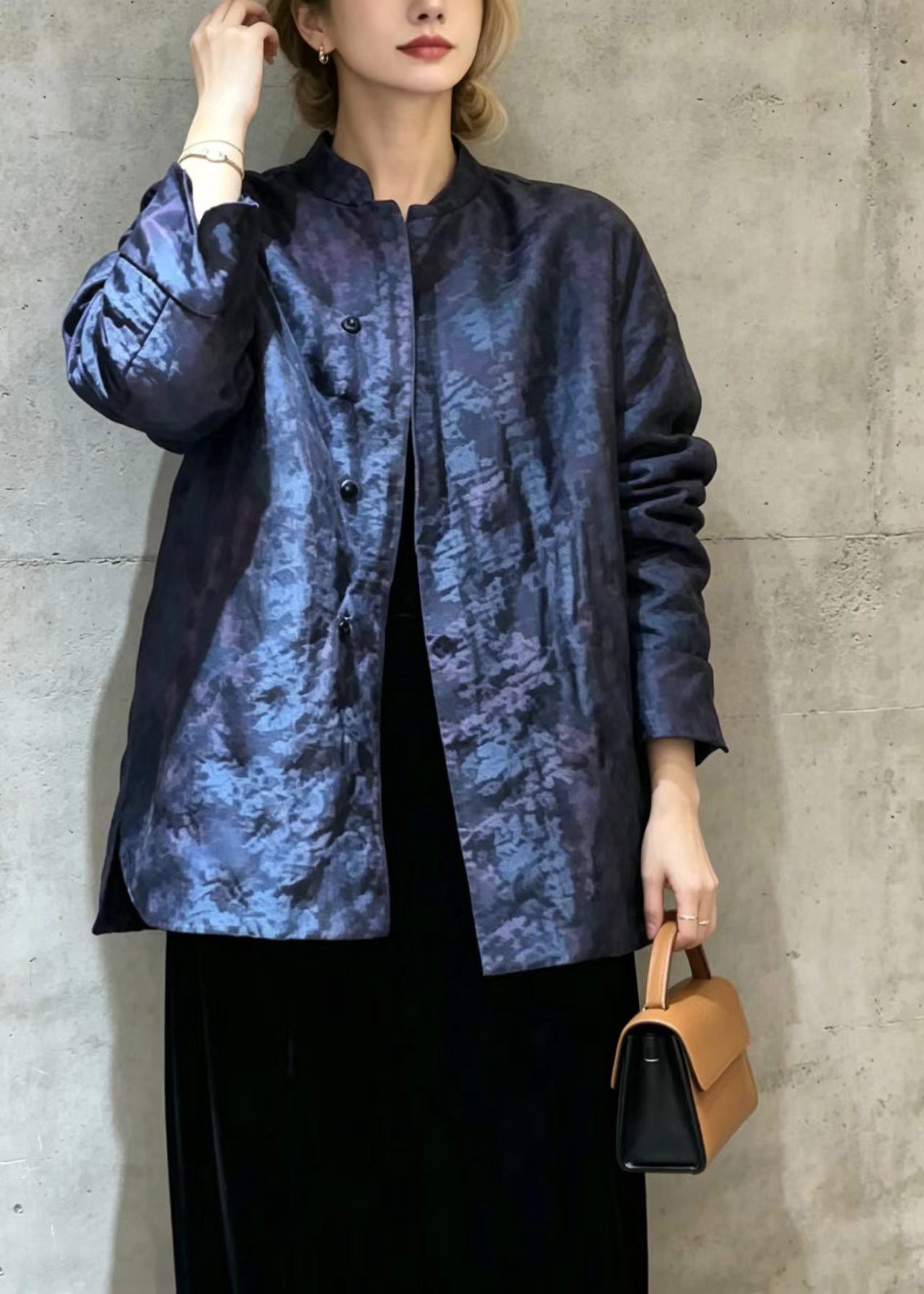 Chinese Style Blue Jacquard Stand Collar Fine Cotton Filled Puffer Jacket Winter