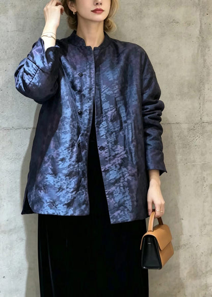 Chinese Style Blue Jacquard Stand Collar Fine Cotton Filled Puffer Jacket Winter