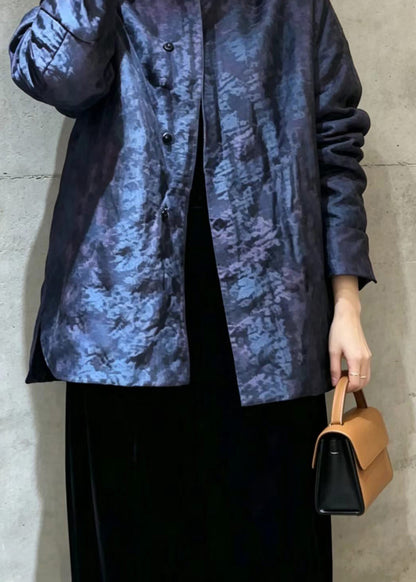Chinese Style Blue Jacquard Stand Collar Fine Cotton Filled Puffer Jacket Winter