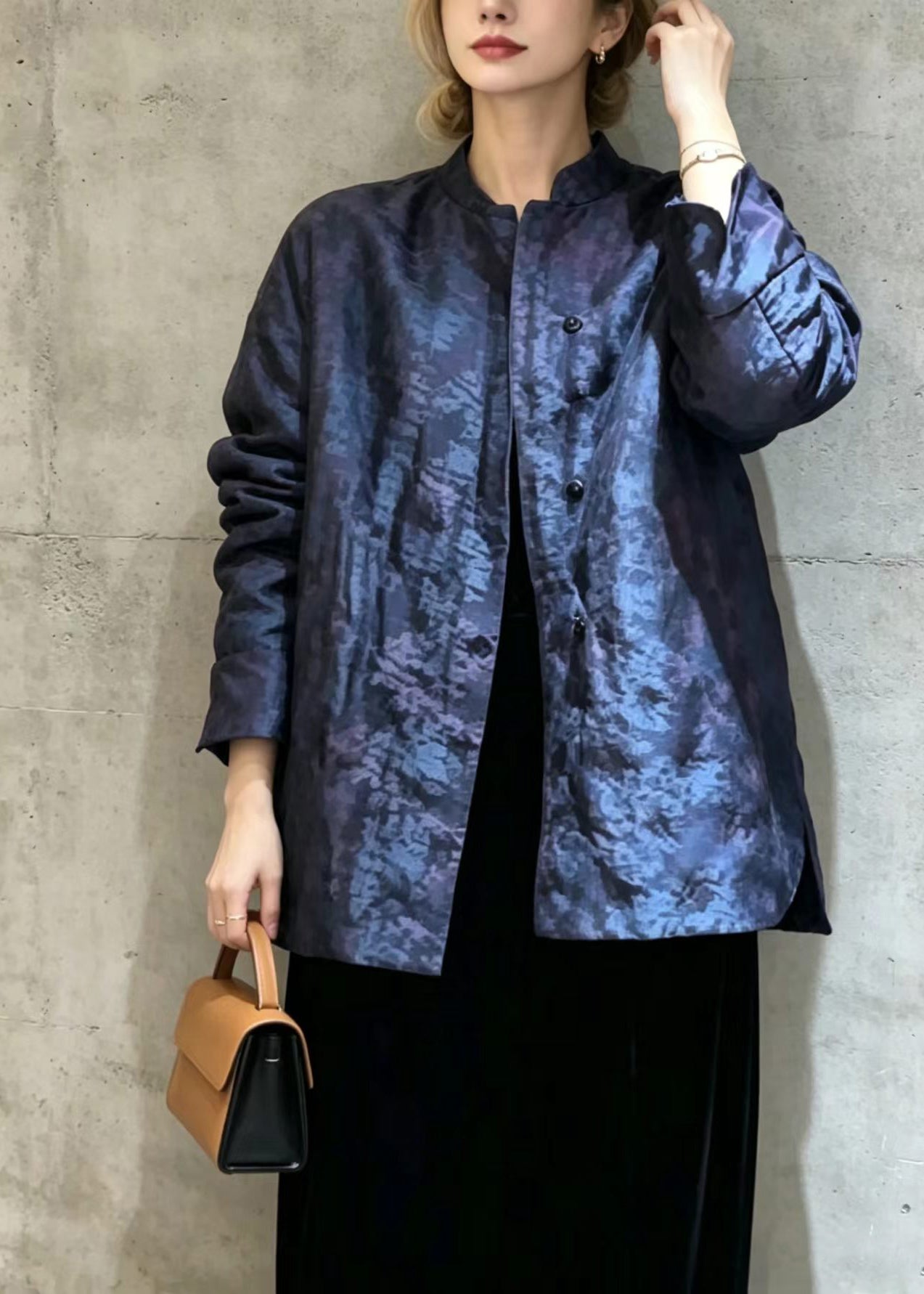 Chinese Style Blue Jacquard Stand Collar Fine Cotton Filled Puffer Jacket Winter