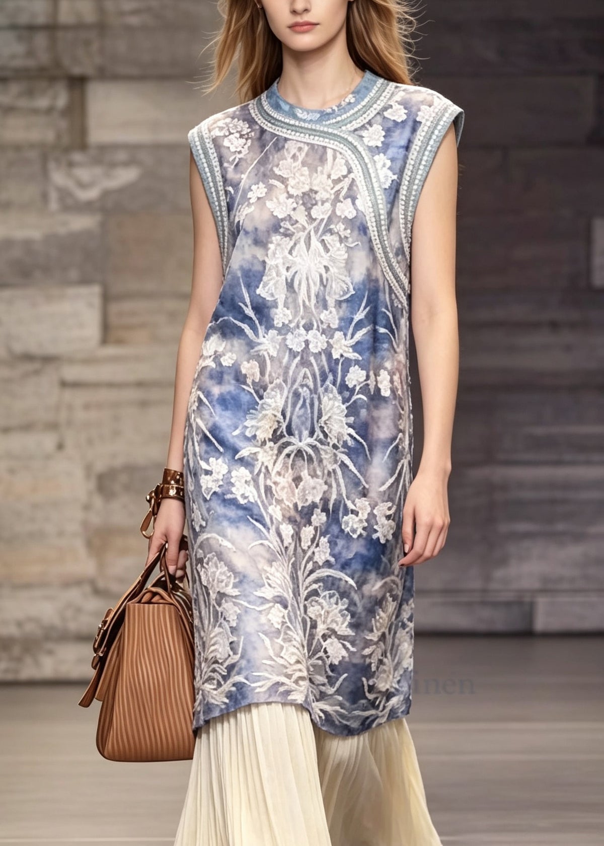 Chinese Style Blue O Neck Embroidered Patchwork Dress Sleeveless