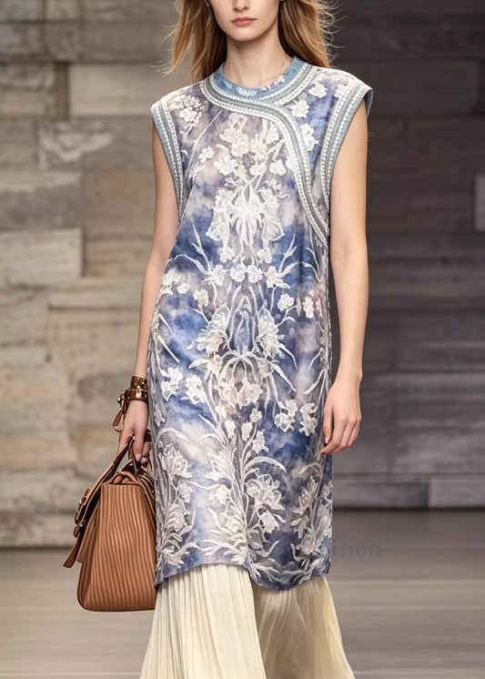 Chinese Style Blue O Neck Embroidered Patchwork Dress Sleeveless
