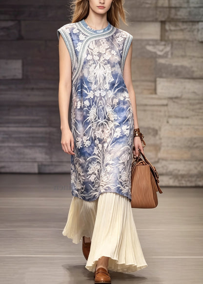 Chinese Style Blue O Neck Embroidered Patchwork Dress Sleeveless