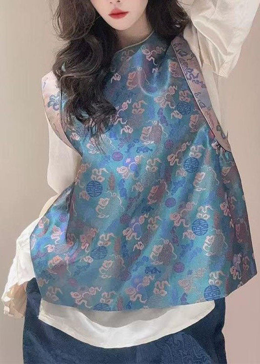 Chinese Style Blue O-Neck Print Silk Waistcoat Sleeveless