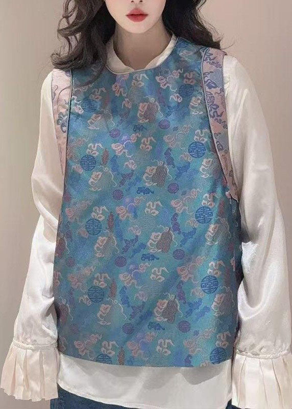 Chinese Style Blue O-Neck Print Silk Waistcoat Sleeveless