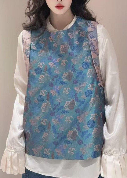 Chinese Style Blue O-Neck Print Silk Waistcoat Sleeveless