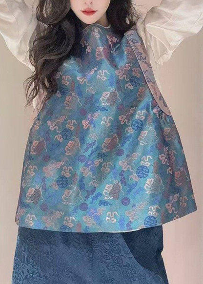 Chinese Style Blue O-Neck Print Silk Waistcoat Sleeveless