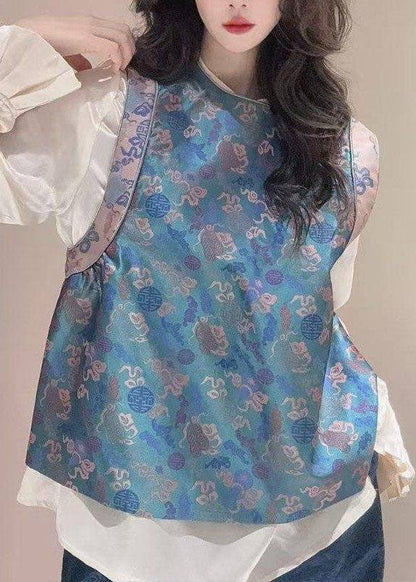 Chinese Style Blue O-Neck Print Silk Waistcoat Sleeveless
