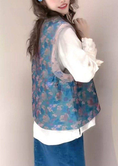 Chinese Style Blue O-Neck Print Silk Waistcoat Sleeveless