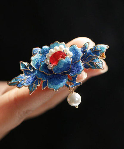 Chinese Style Blue Peony Alloy Pearl Enameling Tassel Hairpin