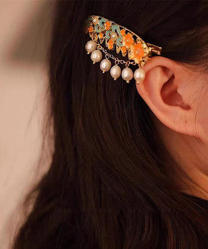Chinese Style Blue Peony Alloy Pearl Enameling Tassel Hairpin