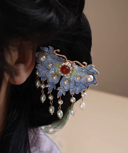 Chinese Style Blue Peony Alloy Pearl Enameling Tassel Hairpin
