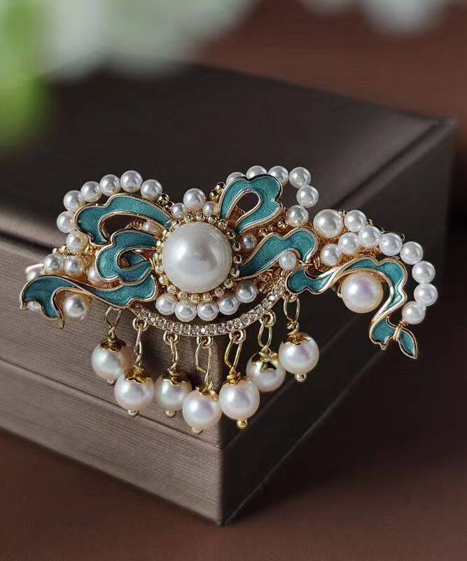 Chinese Style Blue Peony Alloy Pearl Enameling Tassel Hairpin