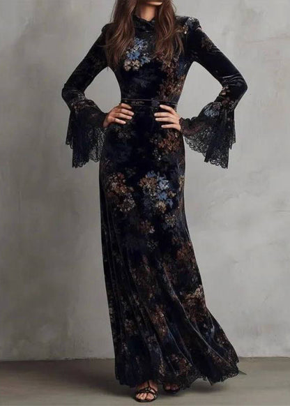 Chinese Style Blue Print Flattering Long Dress Fall