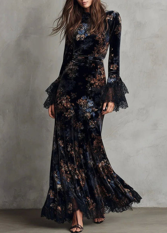 Chinese Style Blue Print Flattering Long Dress Fall