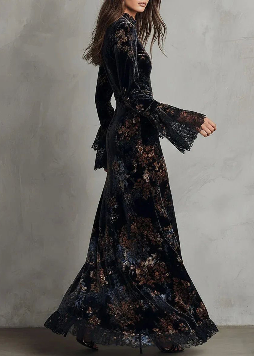 Chinese Style Blue Print Flattering Long Dress Fall