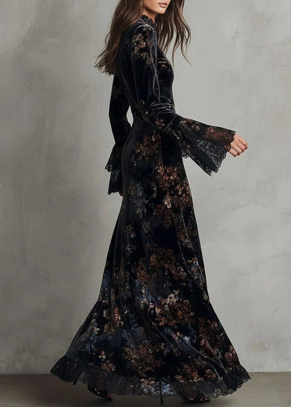 Chinese Style Blue Print Flattering Long Dress Fall