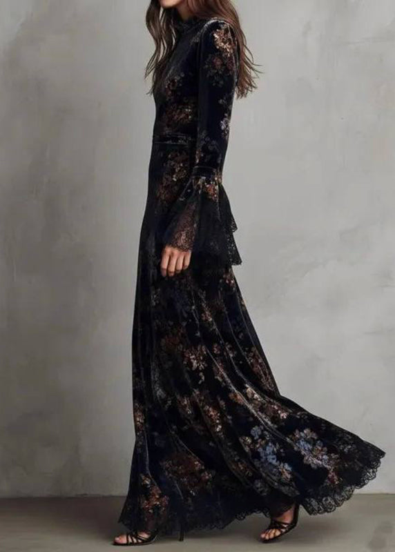 Chinese Style Blue Print Flattering Long Dress Fall