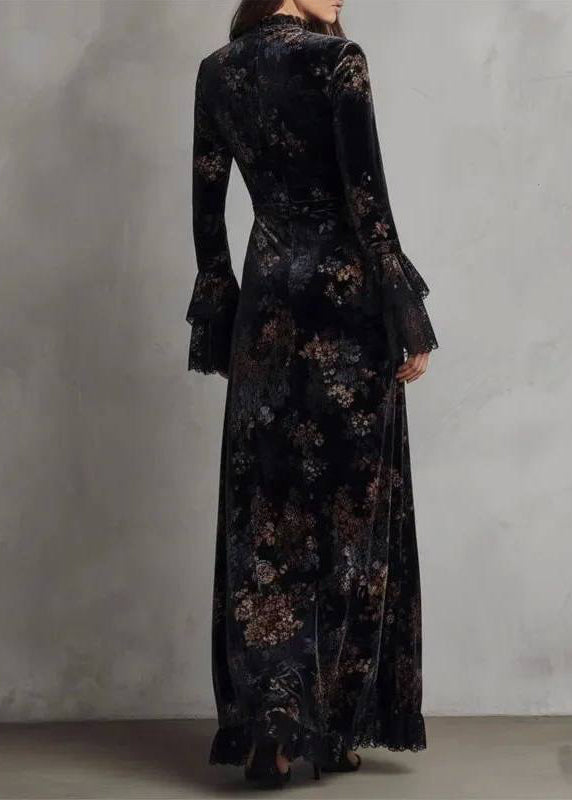Chinese Style Blue Print Flattering Long Dress Fall
