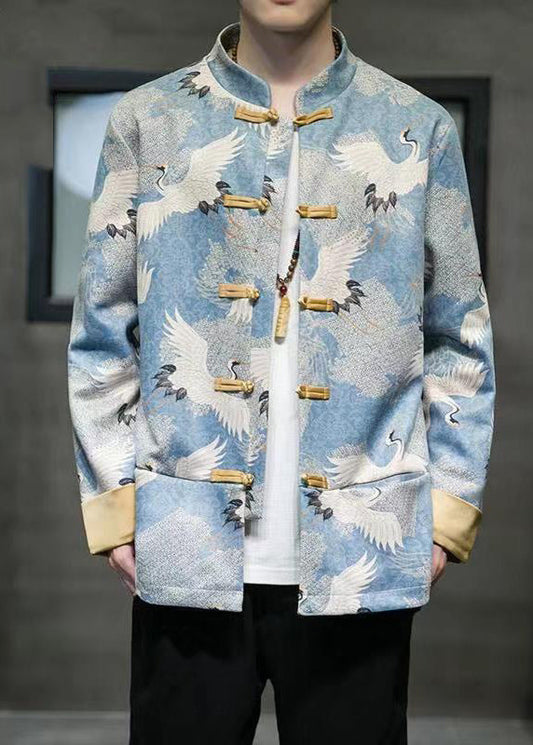 Chinese Style Blue Print Patchwork Pockets Men Jackets Spring