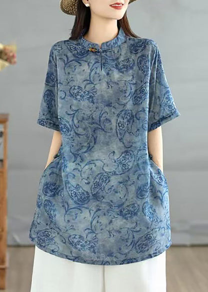 Chinese Style Blue Print Stand Collar Tops Short Sleeve