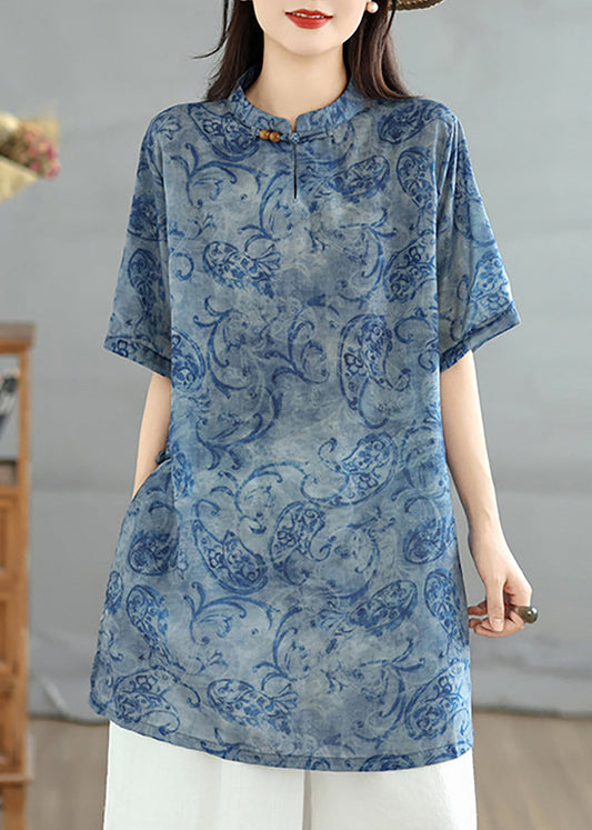 Chinese Style Blue Print Stand Collar Tops Short Sleeve