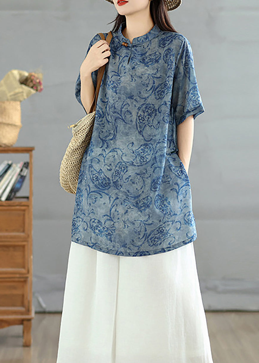 Chinese Style Blue Print Stand Collar Tops Short Sleeve