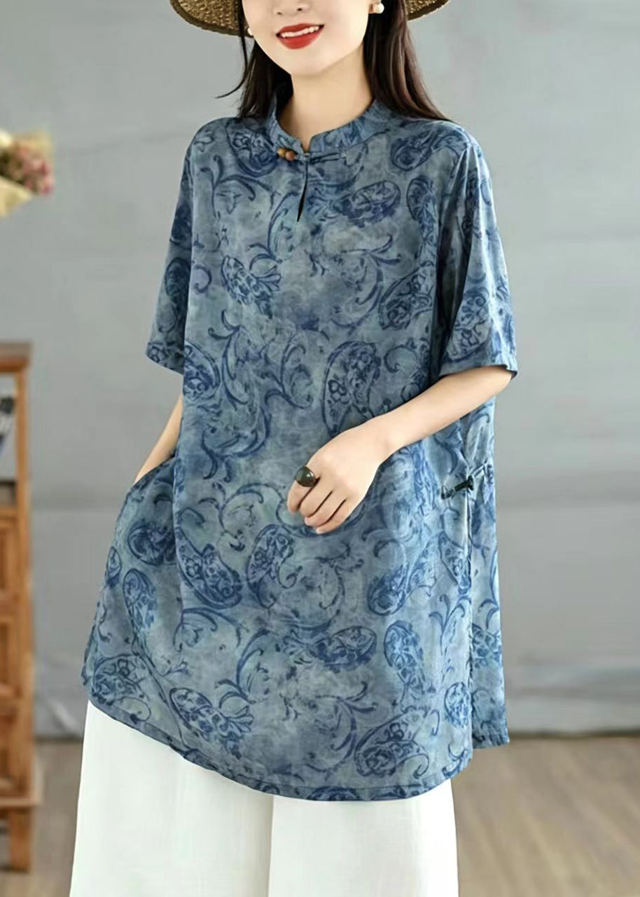 Chinese Style Blue Print Stand Collar Tops Short Sleeve