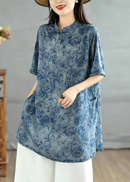 Chinese Style Blue Print Stand Collar Tops Short Sleeve