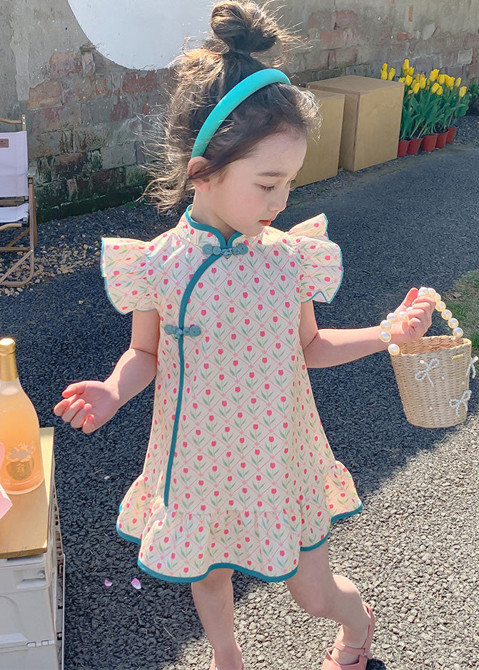 Chinese Style Blue Ruffled Print Button Girls Mid Dress Summer