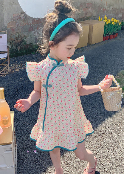 Chinese Style Blue Ruffled Print Button Girls Mid Dress Summer