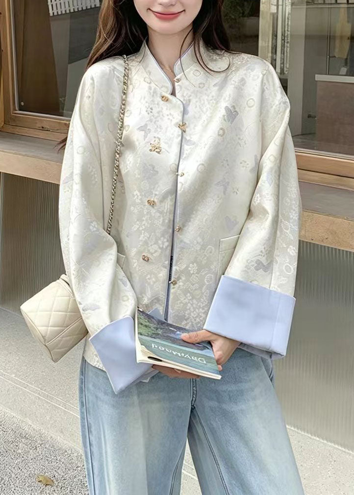 Chinese Style Blue Stand Collar Butterfly Print Jacket Fall
