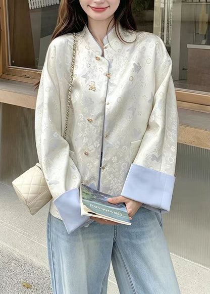 Chinese Style Blue Stand Collar Butterfly Print Jacket Fall