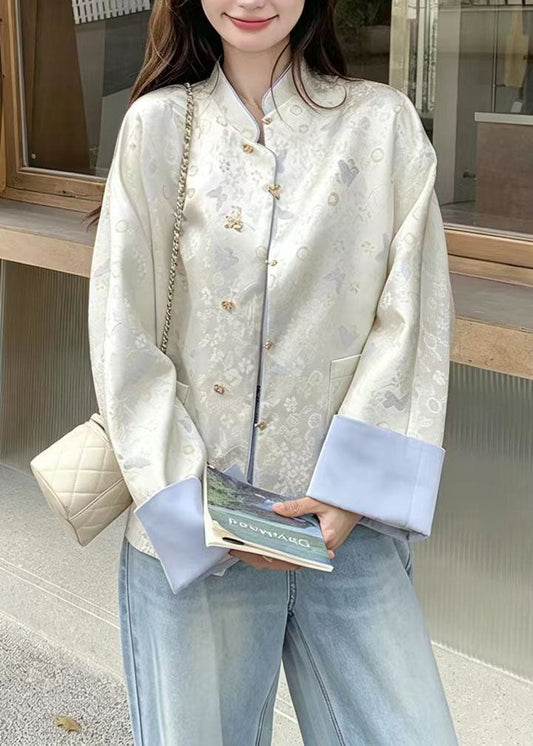 Chinese Style Blue Stand Collar Butterfly Print Jacket Fall