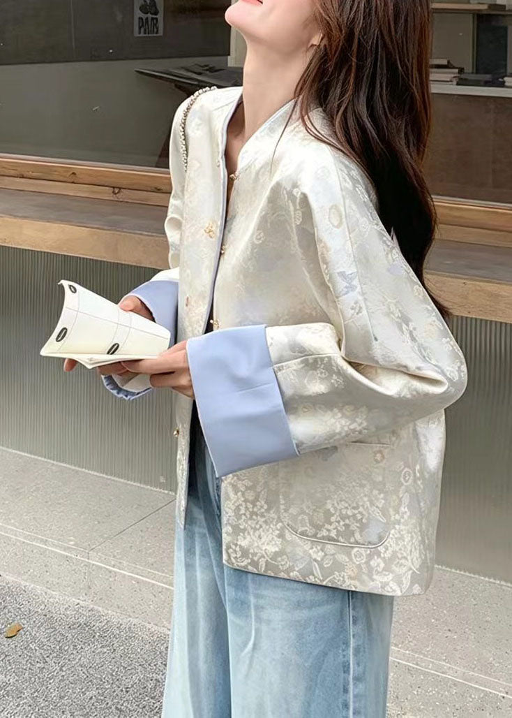 Chinese Style Blue Stand Collar Butterfly Print Jacket Fall