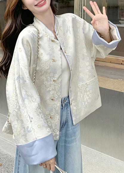 Chinese Style Blue Stand Collar Butterfly Print Jacket Fall