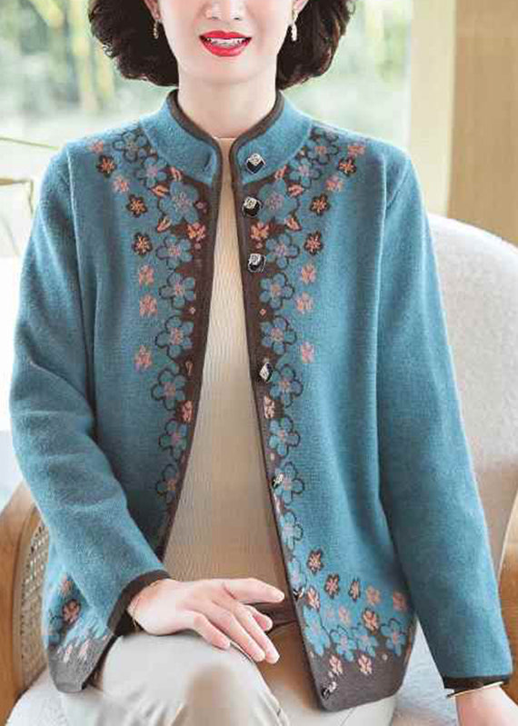 Chinese Style Blue Stand Collar Button Cotton Knit Cardigans Fall