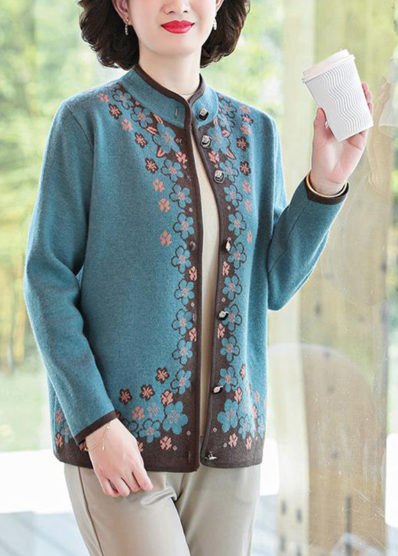 Chinese Style Blue Stand Collar Button Cotton Knit Cardigans Fall