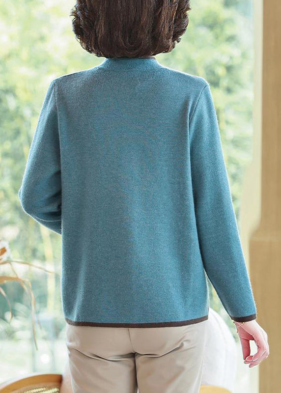 Chinese Style Blue Stand Collar Button Cotton Knit Cardigans Fall