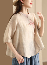 Load image into Gallery viewer, Chinese Style Blue Stand Collar Button Linen Shirt Top Summer
