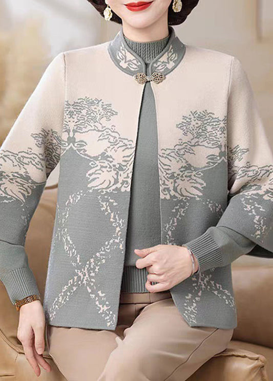 Chinese Style Blue Stand Collar Cotton Knit Cardigans And Sweater Two Pieces Set Spring