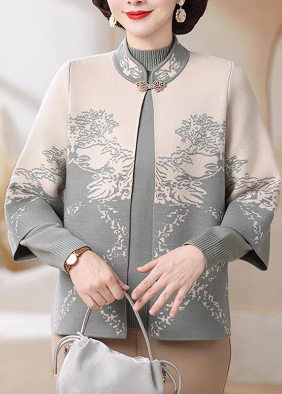 Chinese Style Blue Stand Collar Cotton Knit Cardigans And Sweater Two Pieces Set Spring