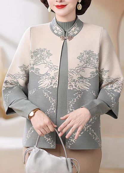 Chinese Style Blue Stand Collar Cotton Knit Cardigans And Sweater Two Pieces Set Spring