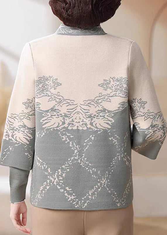 Chinese Style Blue Stand Collar Cotton Knit Cardigans And Sweater Two Pieces Set Spring