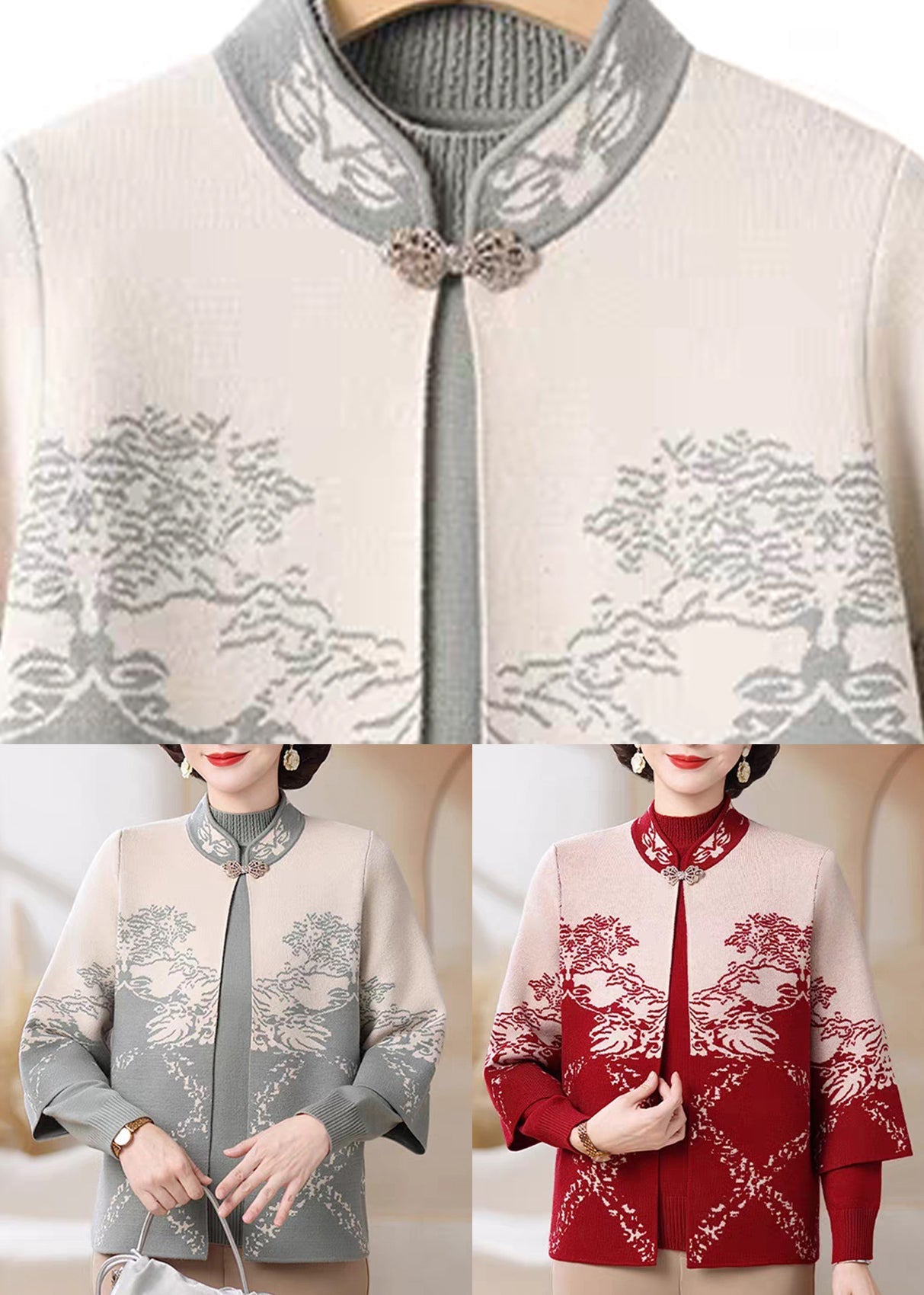 Chinese Style Blue Stand Collar Cotton Knit Cardigans And Sweater Two Pieces Set Spring